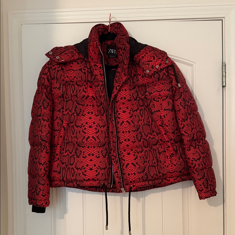Zara Bold Red Snake Pattern Puffer Jacket